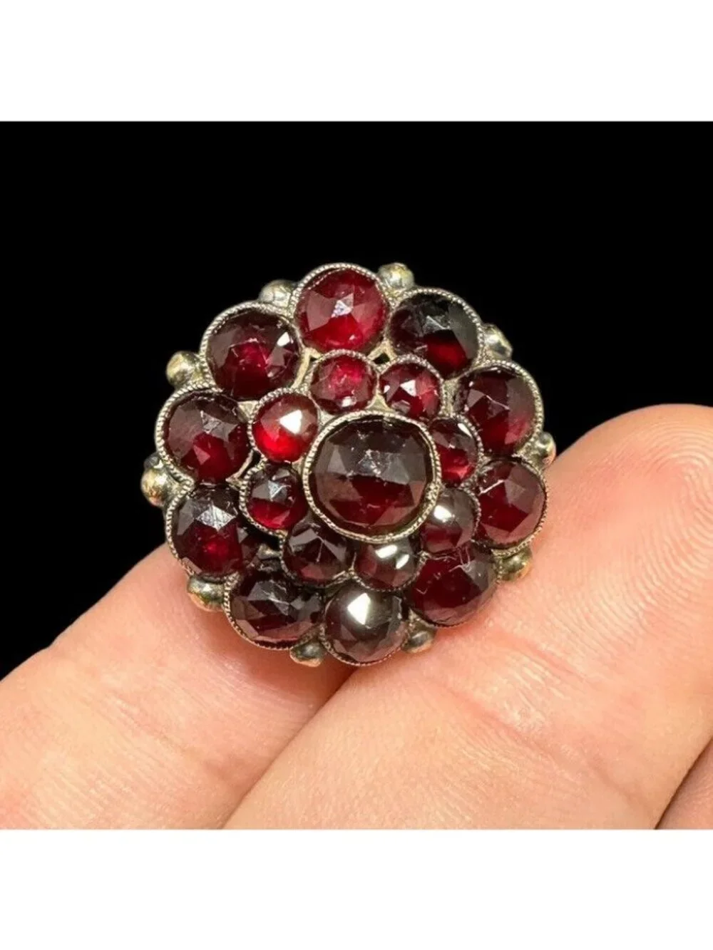 Antique Bohemian Garnet Ring Czech Victorian Sterling Size 4 Three Row HighDome